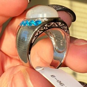 Sterling silver and moonstone with lab blue topaz size 8
